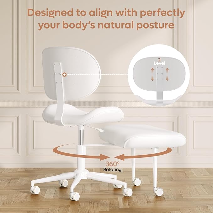Pinmoco Upgraded Cross Legged Office Chair with Wheels, ADHD Chair for Adults, Wider Height Adjustable Backrest and Seat, Meditation Chair, Ergonomic & Yoga Office Chair, PU Leather, Beige, White