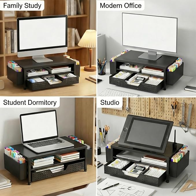 ECOLOVI Desk Organizer and Accessories, 2-Tier Computer Monitor Stand Rise with Storage Drawer & 2 Pen Holders, Laptop & Printer Stand for Desktop, Workspace Organizers for Office Supplies (Black Wood)