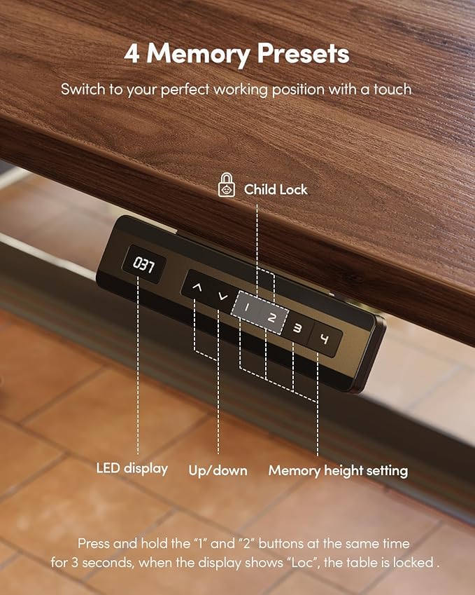 CubiCubi 32 x 20 Small One-Piece Standing Desk, Adjustable Height Electric Computer Sit Stand up Home Office Workstation, with 4 Memory Presets, Headphone Hook, Black Walnut