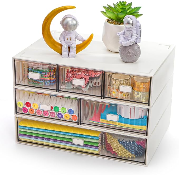 Hacaroa 3 Tier Mini Desk Organizer with 6 Drawers, Plastic Desktop Drawers Storage Box, Stackable Makeup Organizer Craft Storage Case for Office, School, Bathroom, Detachable Design, White