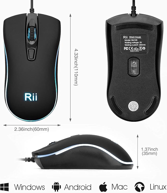 Rii Wired Mouse, Computer Mouse with Blue Backlit,Comfortable Grip Ergonomic Optical,USB Wired Mice Support Windows PC, Laptop,Desktop,Notebook,Chromebook (2PACK)