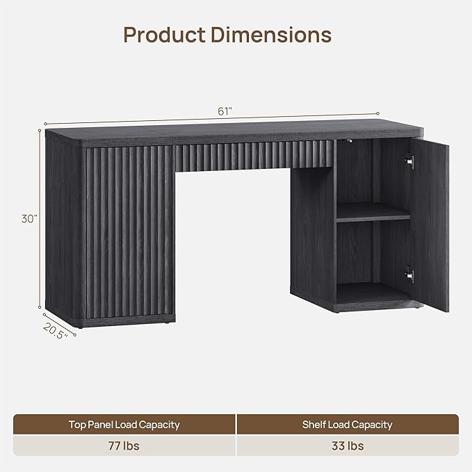 SICOTAS 61" Large Office Computer Desk with Storage Modern Home Office Desks with Drawer & Doors Fluted Desks Executive Desk Wooden Writing Table Vanity Table for Living Room Bedroom, Black Alder