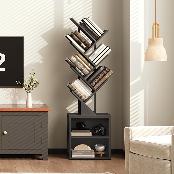 RALGEND Tree Bookshelf, 6 Tier Bookcase with 2 Storage Racks, Free Standing Wooden Bookcase, Floor Standing Book Shelf Organizer for Living Room, Bedroom, Study, Home Office, Black