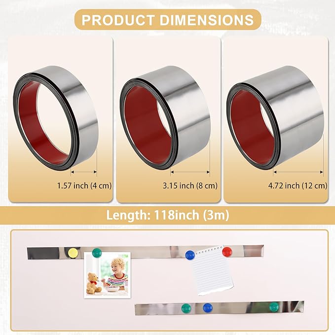 Soengsau 118" x 1.57" Flexible Self Adhesive Metal Strip for Magnets, Peel and Stick Ferrous Memo Tape for Bulletin Boards, Workshop, Office and School Use