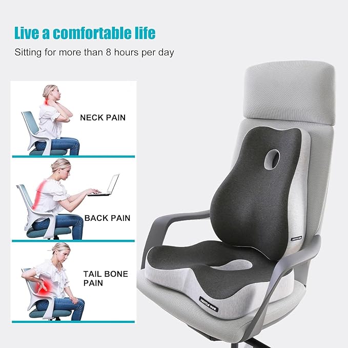 Seat Cushion and Lumbar Support Pillow for Office Chair, High-Elastic Memory Foam Car Chair Cushions, 4.7" Extra Thick Back Support for Long Sitting, Breathable Washable Cover（color blocking）