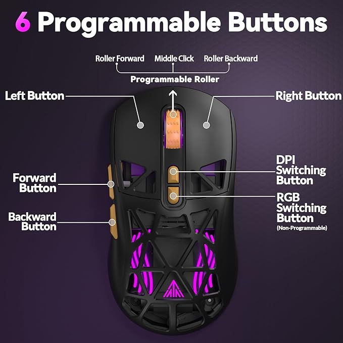 CORBOBO SOLAKAKA SM802 Wireless Gaming Mouse,24,000 DPI Max,Tri-Mode 2.4GHz/BT/Wired USB Rechargeable Gamer Mouse with RGB,Programmable Macro Buttons,68g Lightweight Computer Mouse for Laptop/PC/Mac