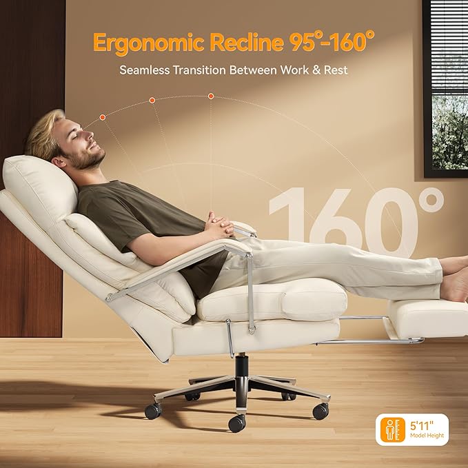 OKUP M76 160° Reclining Executive Office Chair with Footrest, Adjustable Seat Depth, 10" Thick Cloud Cushion Desk Chair, 420lb Heavy Duty High Back Leather Desk Chair for Home Office, Cream