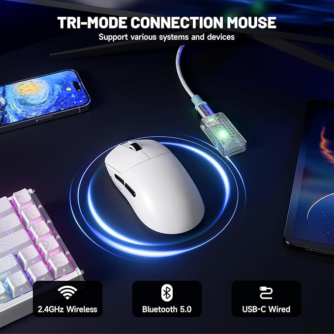 ATTACK SHARK X8 Ultimate Wireless Gaming Mouse,PAW3950MAX 42K DPI Sensor,Nordic 54L15 MCU,Wireless/Wired Dual 8K Polling,Optical Switch,59g Lightweight 2.4GHz/BT/Wired Mice with Coiled Cable-White