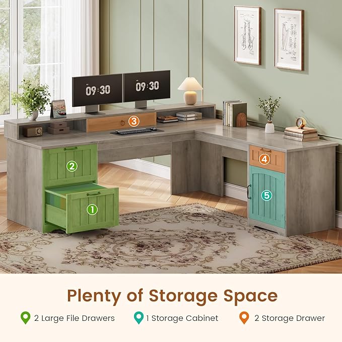 SEDETA 63" L Shaped Desk with Drawers, Farmhouse Corner Computer Desk, Wood Office Desk with File Drawers with Storage, Executive Desk with Monitor Stand and Storage Cabinet, Grey