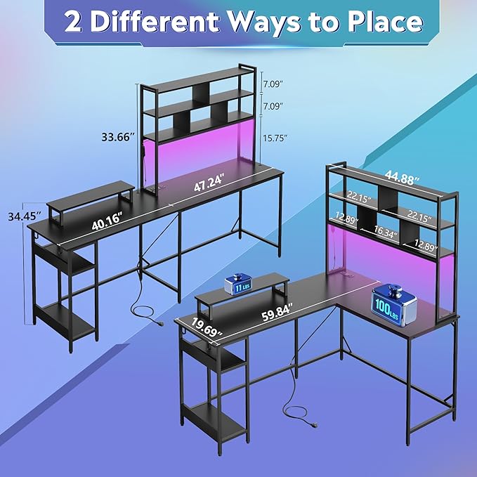 DEVAISE L Shaped Gaming Desk with Hutch, Reversible Computer Desk with LED Light, 3-Tier Shelves, 2 AC+2 USB Outlet and Monitor Stand, Corner Desk with Storage for Home Office (Black, 60 Inch)