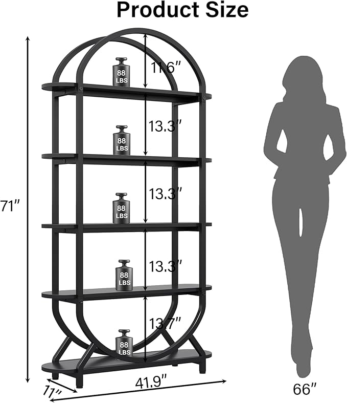 Jehiatek Arched Bookshelf Bookcase, 71 Inches Tall Industrial Book Shelf with Sturdy Metal Frame, E1 Quality Boards, Freestanding Display Shelving Unit, Black