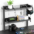 Clamp on Desk Shelf, 2-Tier Office Desk Shelves Organizer, 17in Small Shelf for Top of Desk with Headphone Holder and Hooks, Desktop Storage Rack for Home Workspace, Study Rooms, Gaming Accessories