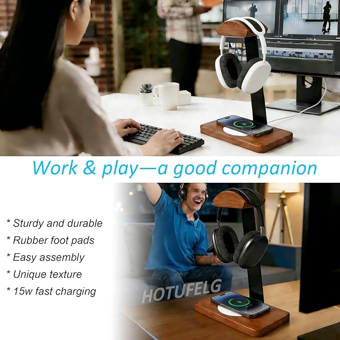 Solid Wooden Headphone Holder with Fast Wireless Charging Pad, Universal Headset Stand for Gaming Desk, Headphone Rack Wireless Charger Compatible with iPhone Samsung with QI Function (White