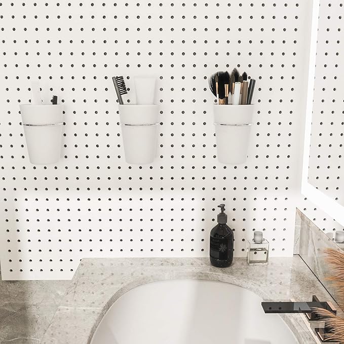Kuhome 6 Sets Pegboard Hooks with Pegboard Cups, Ring Style Pegboard Bins with Rings, Pegboard Cup Holder Accessories for Organizing Storage (White)