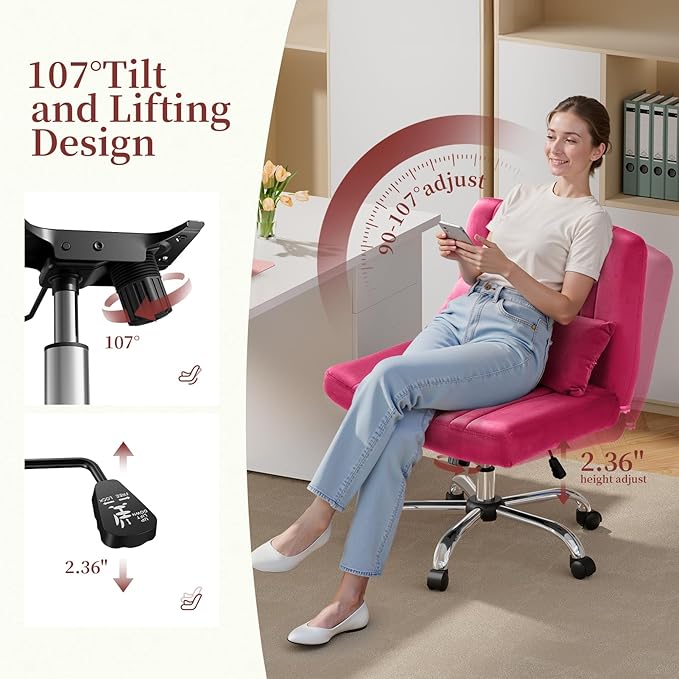 Warmiehomy Criss Cross Office Chair with Wheels, Velvet Cross Legged Desk Chairs for Home, Height Adjustable Swivel Wide Seat Computer Chair, Modern Vanity Chair for Women, Barbie Pink