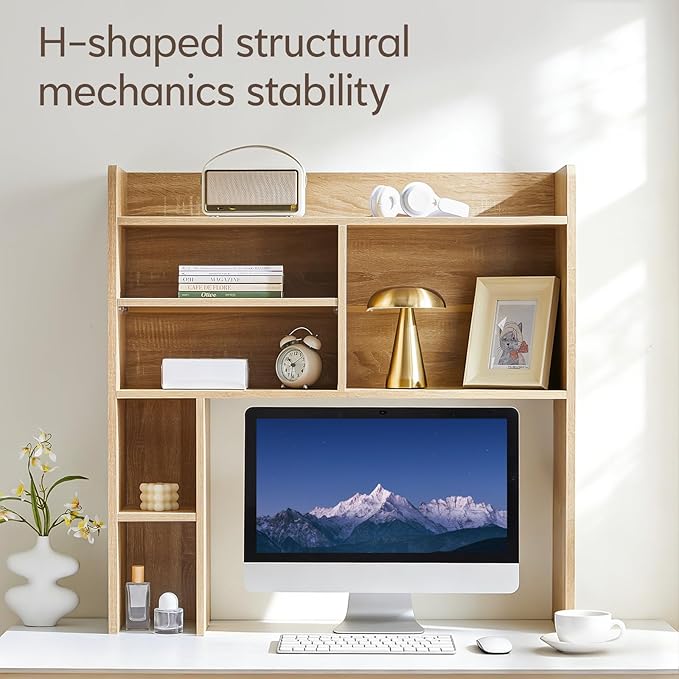 TUKAILAi Desktop Bookshelf Organizer, Countertop Storage Hutch with 7 Shelves for Desk, Dorm Desk Hutch Wood Display Rack for Home Office (Natural)