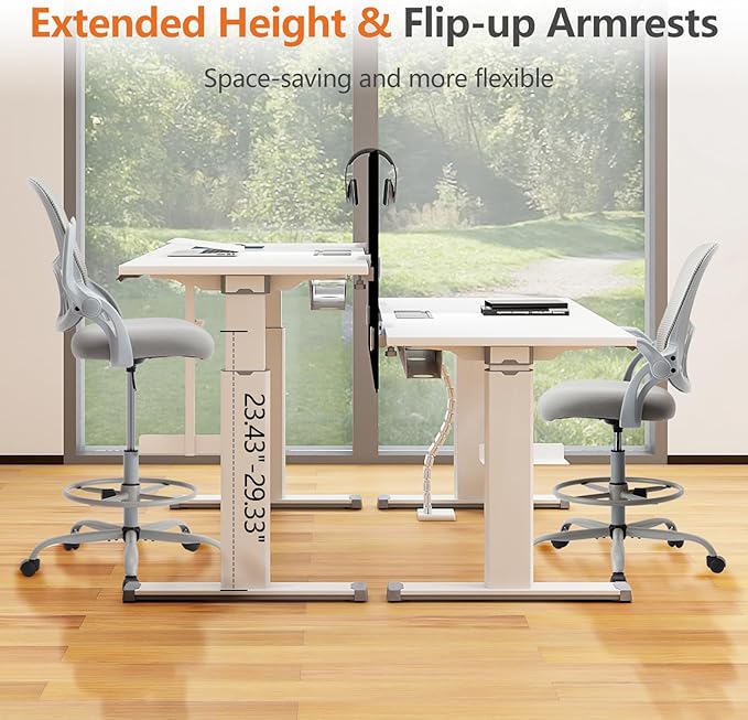 DUMOS Drafting Chair for Standing Desk, Counter Height Adjustable, Flip-up Arms, Ergonomic Mid Back Mesh Rolling Work Swivel Office Computer Chairs with Wheels, Grey