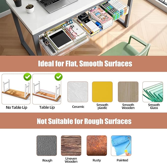 TooCust 3-Pack Under Desk Drawer for Desk with Frame & Beam, Fits Where Standard Drawers Can't, 52mm Heightened Slide Out Organizer, Dual Adhesive or Screw Mount, Clear PET Under Table Storage