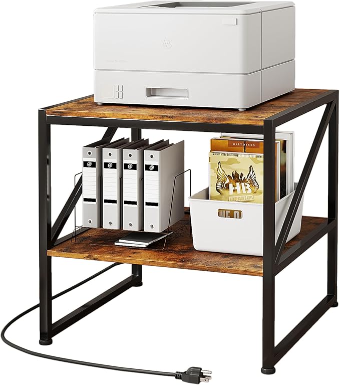 2-Tier Large Priner Stand with Charging Station, 20" Under Desk Printer Table with Power Outlets and USB Ports for Home Office, Heavy Duty Storage Rack for Scanner Fax Machine Heat Press, Rustic Brown