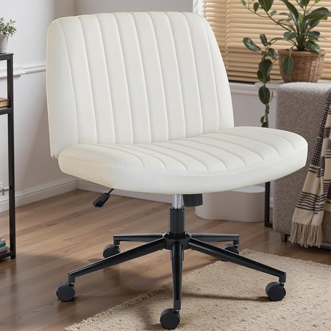 DUMOS Criss Cross Chair with Wheels, Wide Cross Legged Office Desk Vanity Chairs, Faux Leather Armless Adjustable Swivel Chairs for Home Computer Task, Beige