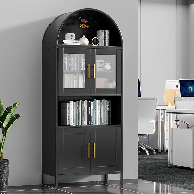 VEXPOR 73" Tall Arched Kitchen Pantry Cabinet with Doors, Metal Arched Hutch Cabinet for Kitchen, Dining Room, Living Room, Assembly Required, Black