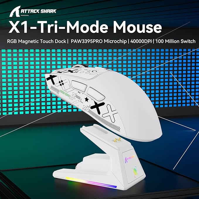MAMBASNAKE ATTACK SHARK X1 Wireless Gaming Mouse with RGB Charging Dock,PAW3395 PRO Sensor 40K DPI,1KHz Polling Rate 53g Superlight Tri-Mode Computer Mice,5 Programmable Buttons for WIN/MAC-White&Tape