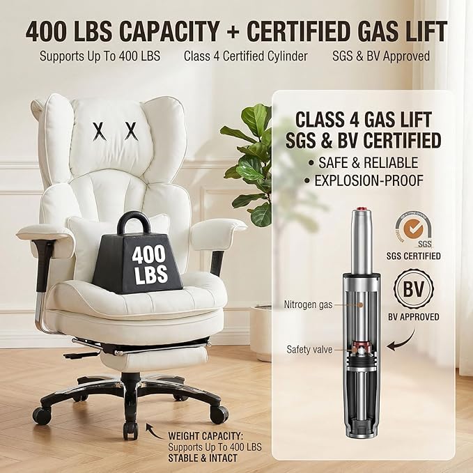 Efomao White Executive Office Chair with Footrest, Big and Tall 400lbs Extra Wide High Back Chair, Plush Pocket Spring Cushion for Home Office, Reclining Desk Chair with Large Padded Armrests