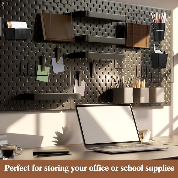 Jinei 12 Pcs Pegboard Bins and Cups with Hooks and Loops Peg Assortment Organizer Accessories Various Tool Organizer Pegboard Basket Set for Garage Workshop Workbench Office(Black)