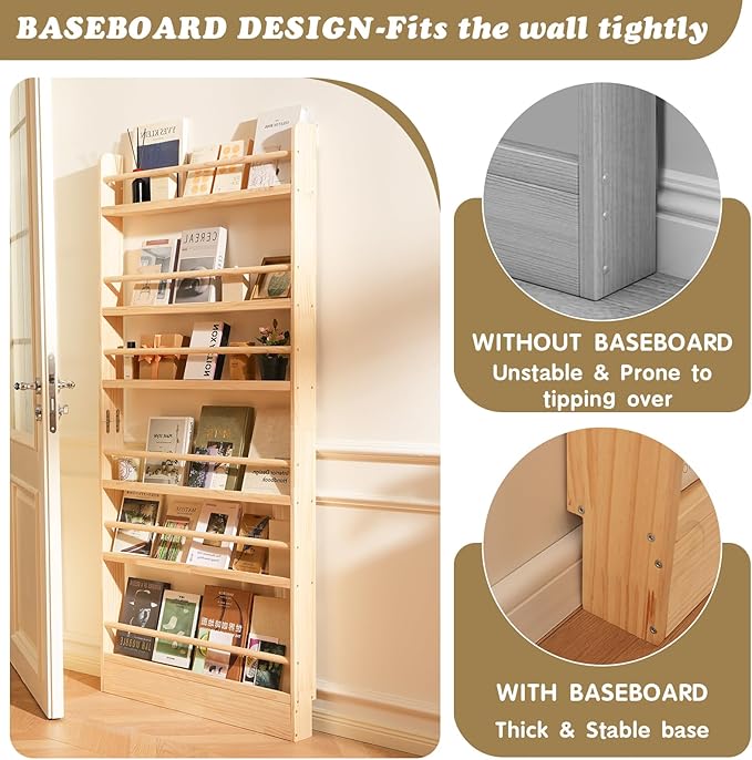 Baveke Kids Bookshelf, 6 Tier Shelves Behind The Door Book Shelf Storage, Children's Solid Wood Bookcase, Wall Mount Bookshelf for Bedroom, Living Room, Nursery（（FSC-Certified Wood））