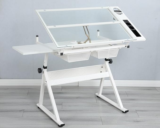 GDFStudio Height & Angle Adjustable Drafting Table with Stool, Tempered Glass Art Craft Desk with 2 Metal Storage Drawers, Diamond Painting Drawing Table Workstation for Home Office Studio, White