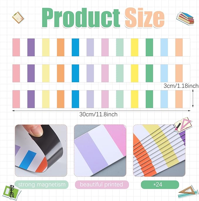 Ireer 24 Pieces Magnetic Strips Retro Magnetic Border for Classroom Whiteboard Bulletin Board Decorative Strips with Adhesive Borders for Bulletin Chalkboard(Pastel)