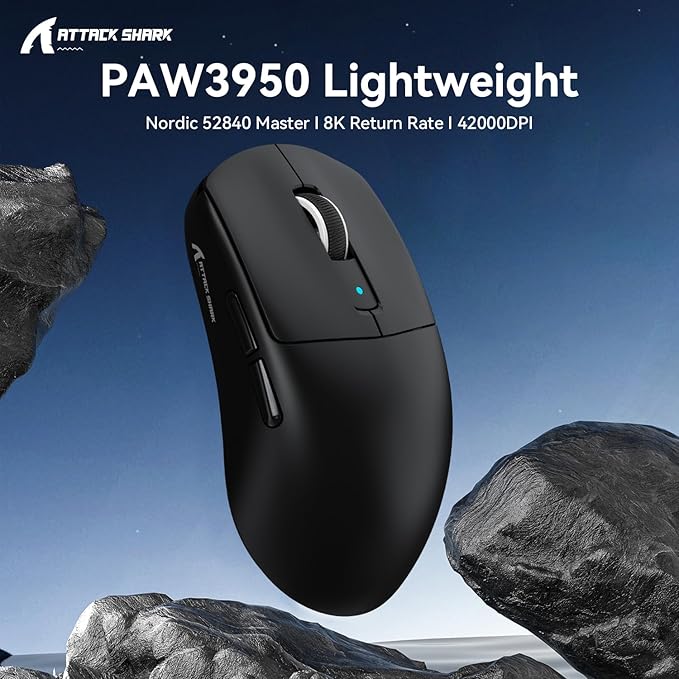 ATTACK SHARK R6 Wireless Gaming Mouse,38G Ultra-Lightweight Trip-Mode 2.4G/USB-C/Bluetooth Mouse Gaming with PAW3950MAX Sensor,42000 DPI,50G Accelerated Speed for PC/Laptop/Mac -Black&Tape