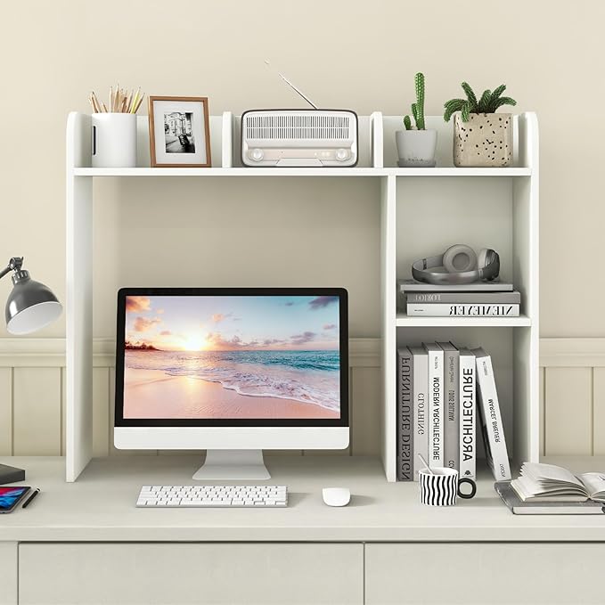 Desktop Bookshelf, 3-Tier Desk Hutch Shelf with 5 Display Rack for Computer Desk, Desk Organizer Shelves for Top of Desk, Dorm, Home, Office (White)