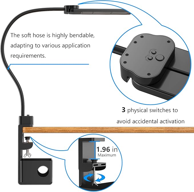 Drevet LED Desk Lamp for Home Office with Cable Management Tray, Eye-Caring Clip-On Desk Light with Flexible Gooseneck, 2+6AC&1USB-C Charging Port, 3 Brightness & 3 Color Modes, Eye-Caring Table Lamp