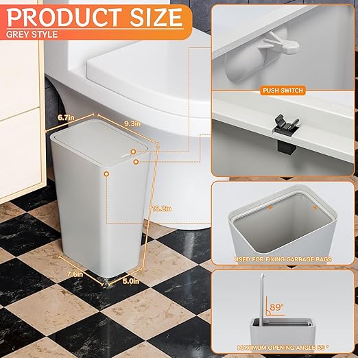 Yieach 12L Slim Bathroom Trash Can with Lid,3.17 Gallon Pet/Dog Proof Kitchen Trash Can,Rectangle Thin Garbage Can,Covered Waste Basket,Narrow Small Plastic Trashcan for Room,Bedroom,Office,Grey 3PCS