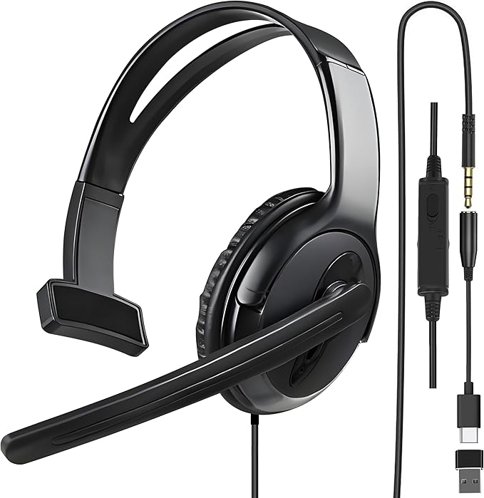 One Ear Gaming Headset with Mic (3.5mm) - Lightweight Single Ear Headset for PS5, PS4, Xbox, Switch, PC, Mac, iPad, Tablet - Includes USB-C & USB-A Adapters for Gaming, Remote Work & Business Calls