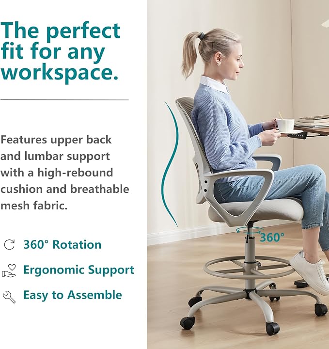 DUMOS Drafting Chair - Ergonomic Tall Office for Standing Desk, Counter with Height Adjustable and Comfortable Lumbar Support, Fixed Armrests, Grey