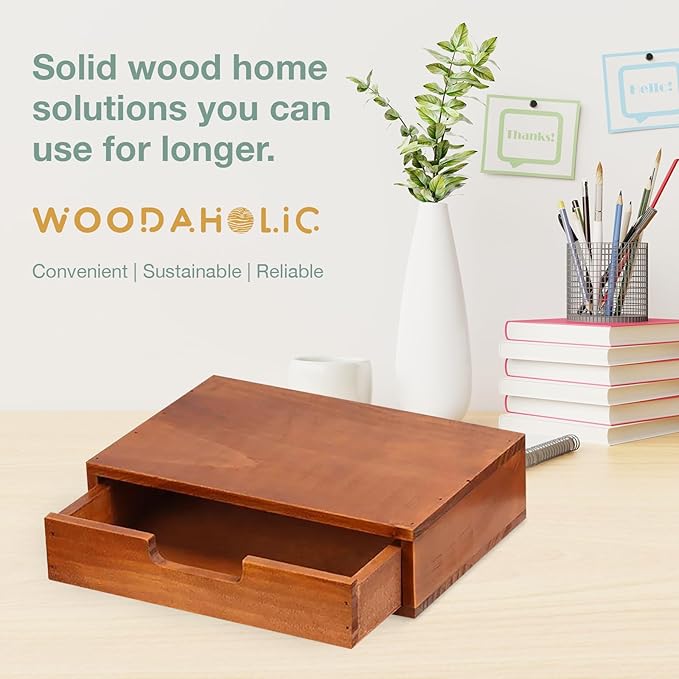 Single Drawer Desktop Storage Organizer in a Modern Wood Design (9.8”x6.9”x 2.8”) Wooden Stackable Drawer Unit - Single Monitor Riser (1-Pack)