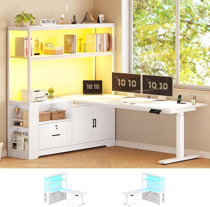 SEDETA 56.7" L Shaped Standing Desk, Reversible Computer Office Desk with Drawers & Hutch, Stand Up Corner Gaming Desks with LED Lights & Power Outlets for Home Office, White