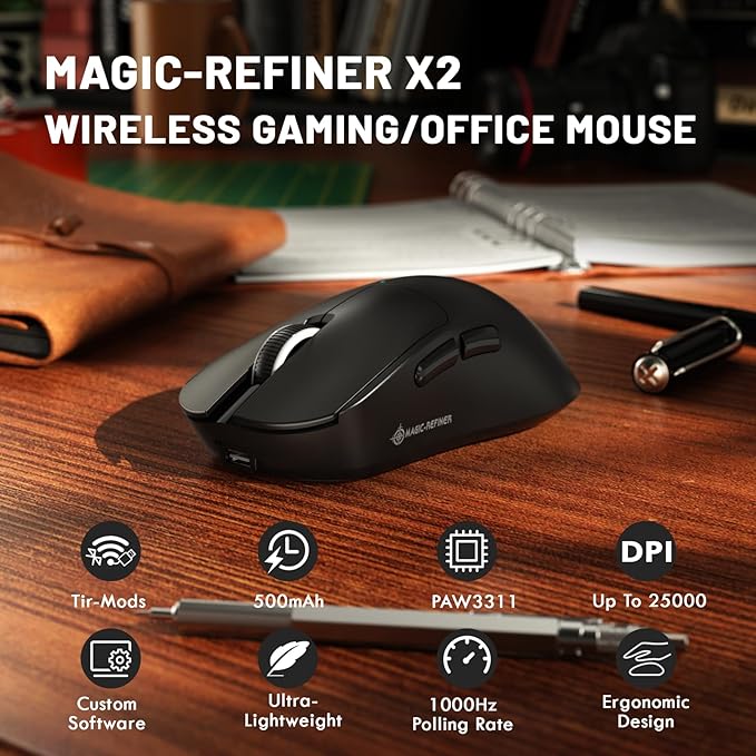 ZIYOU LANG×Magic-Refiner X2 Lightweight Wireless Gaming Mouse,Tri-Mode(2.4G/Wired/BT),24K DPI,PAW3311 Optical Sensor,1000Hz Polling Rate,500mAh,69g Ergonomic Mice for Medium-Large Hands-Black