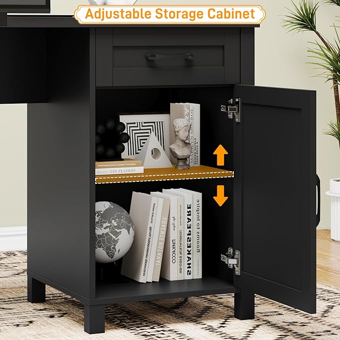 Vabches 59” L Shaped Executive Desk with Power Outlets, Farmhouse Home Office Desk with File Drawer,Storage Cabinet, Wood Corner Sturdy Writing Workstation.Black