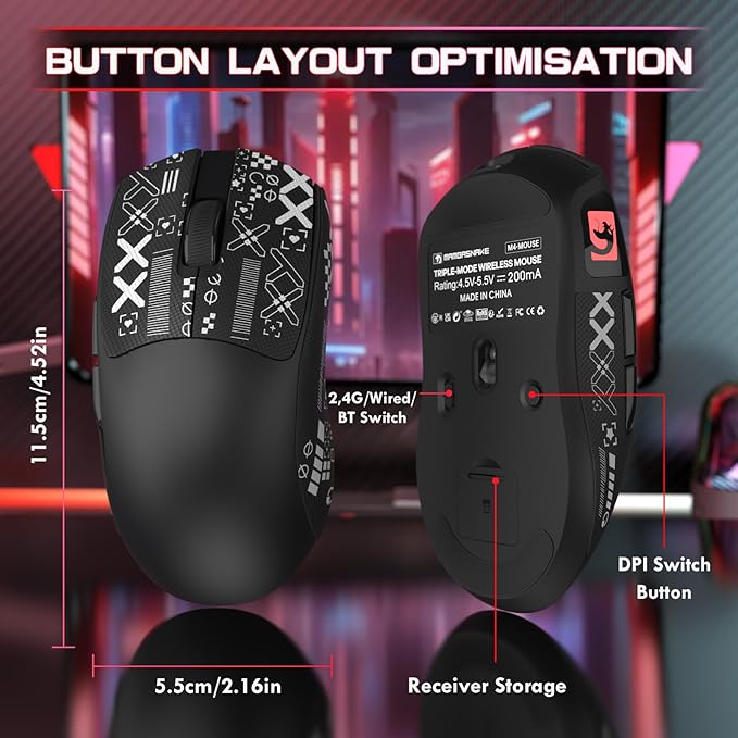 ATTACK SHARK × MAMBASNAKE M4 Wireless Gaming Mouse, 24000 Adjustable DPI PAW3311 Optical Sensor, Programmed Buttons, 52g Lightweight Ergonomic Computer Mice 2.4G/BT/USB-C for PC/Mac-Black&Griptape