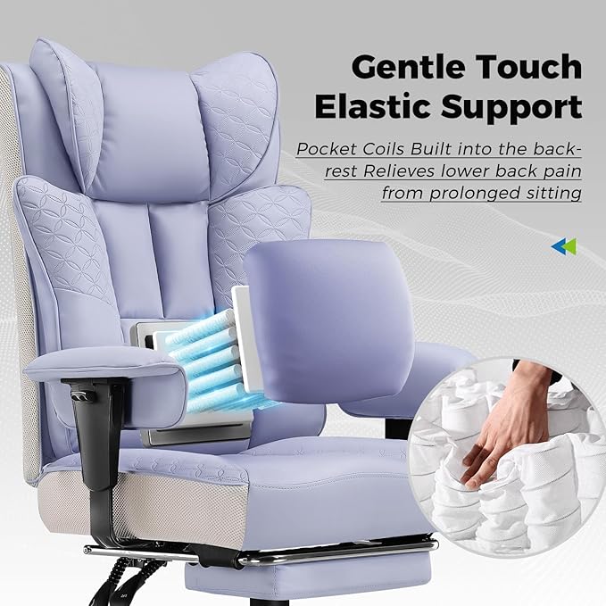 GTPLAYER Big and Tall Office Chair 400LBS Wide Ergonomic Gaming Chair with Deluxe Embossing Designed Leather with Foot Rest,150°Reclining Adjustable Soft Armrests Pocket Spring Back Support and Pillow