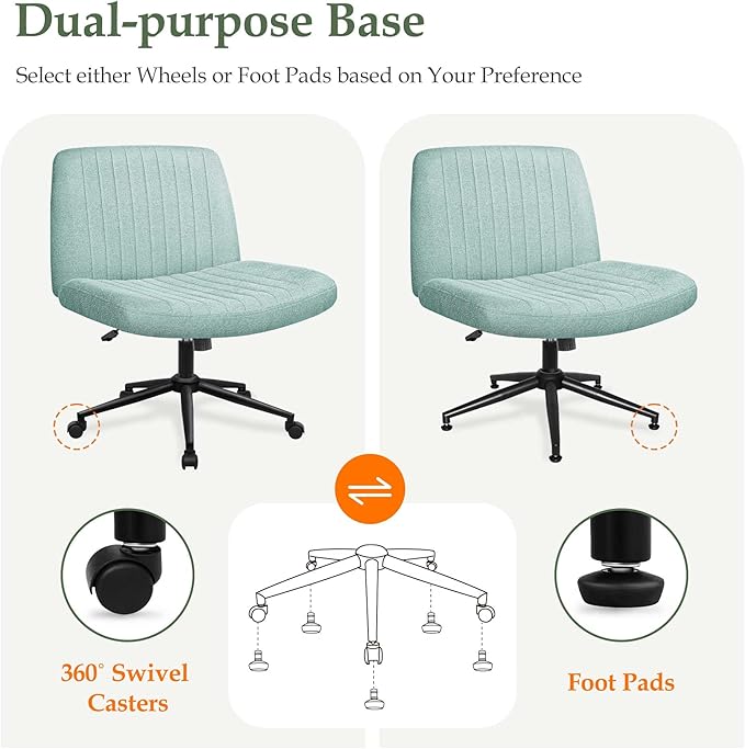 Orange Factory Criss Cross Chair Wheels Wide Cross Legged Office Desk Vanity Dual Base Comfy Fabric Armless Adjustable Swivel for Home Computer Task (Mint Dual Base, Fabric)