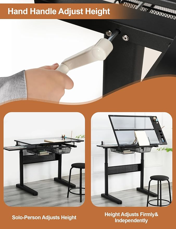 Adjustable Drawing Table for Artists | Drafting Desk with Tilted Glass Top | Art & Craft Table for Adults (Black, Premium Solid Limited Edition-29.52''- 41.33'' H)
