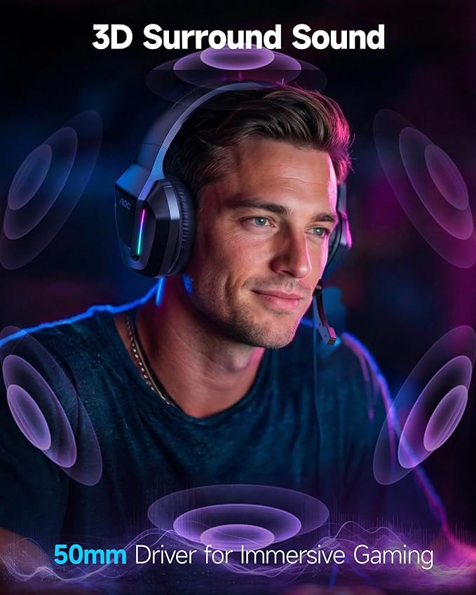 AOC Wired Gaming Headset, Surround Sound Headphones for Xbox Series X|S PS5 PC Switch, Noise Canceling Over-Ear Gaming Mic, RGB Lights, 50mm Drivers, 3.5mm Jack, Black