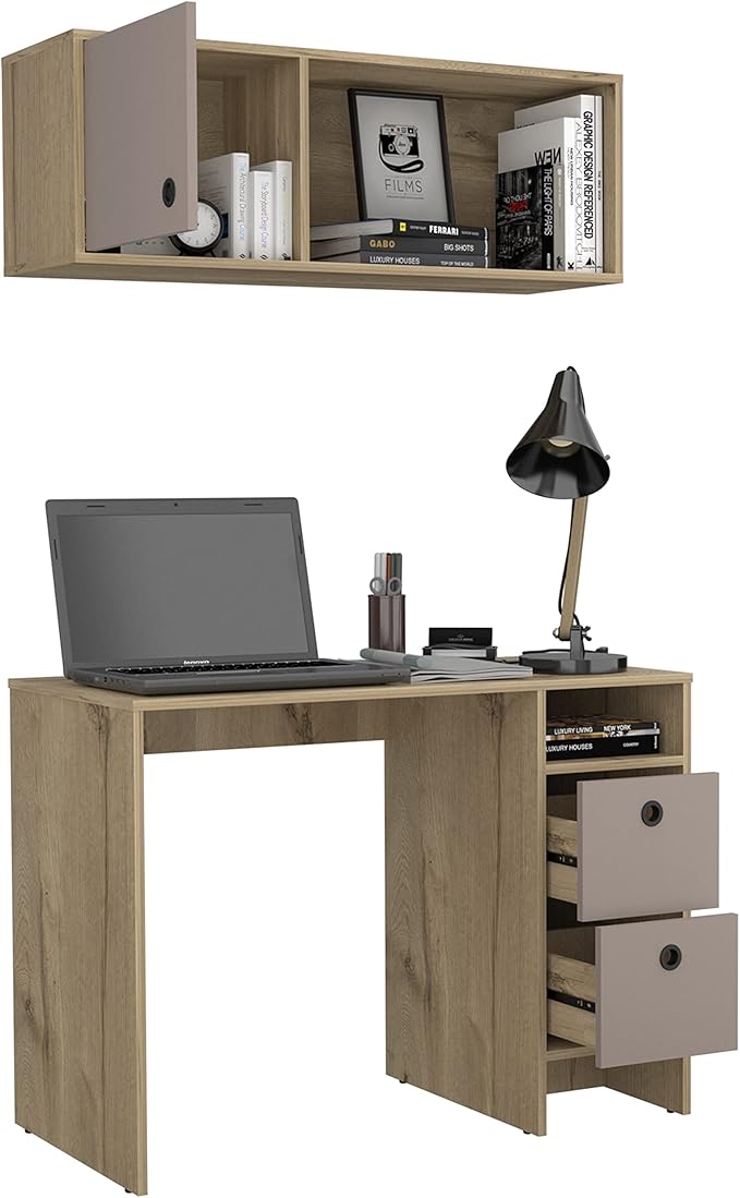 Khali Office Set - 2 Shelves, 2 Drawers, Wall Cabinet, Single Door Cabinet - Light Oak/Taupe Home Office Furniture