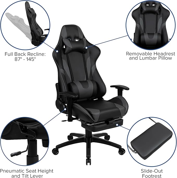 Flash Furniture Optis Gaming Desk and Gray Footrest Reclining Gaming Chair Set - Cup Holder/Headphone Hook/Removable Mouse Pad Top/Wire Management