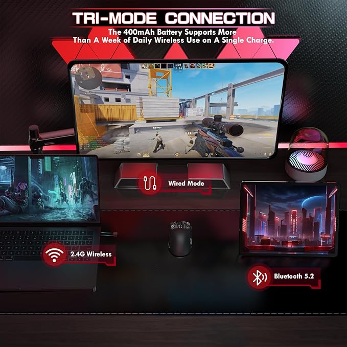 ATTACK SHARK × MAMBASNAKE M4 Wireless Gaming Mouse, 24000 Adjustable DPI PAW3311 Optical Sensor, Programmed Buttons, 52g Lightweight Ergonomic Computer Mice 2.4G/BT/USB-C for PC/Mac-Black&Griptape