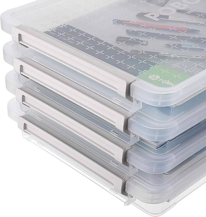 BTSKY 4 Pack A4 Plus Clear Plastic Stackable Storage Box Desk Paper Magazine Container with Buckle, Office Supplies Accessories File Protector Case Organizer, Portable Project Case Document Holders